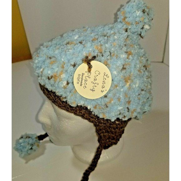 Toddler Child Lt Blue Brown Handmade Knitted Crochet Pom Pom Earflap Bomber Hat - Picture 4 of 9